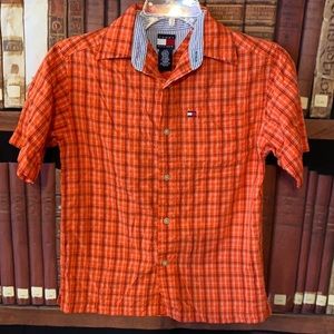 Tommy Hilfiger Short Sleeve Shirt Sz S Vintage 90s Flag Logo Orange Plaid‎